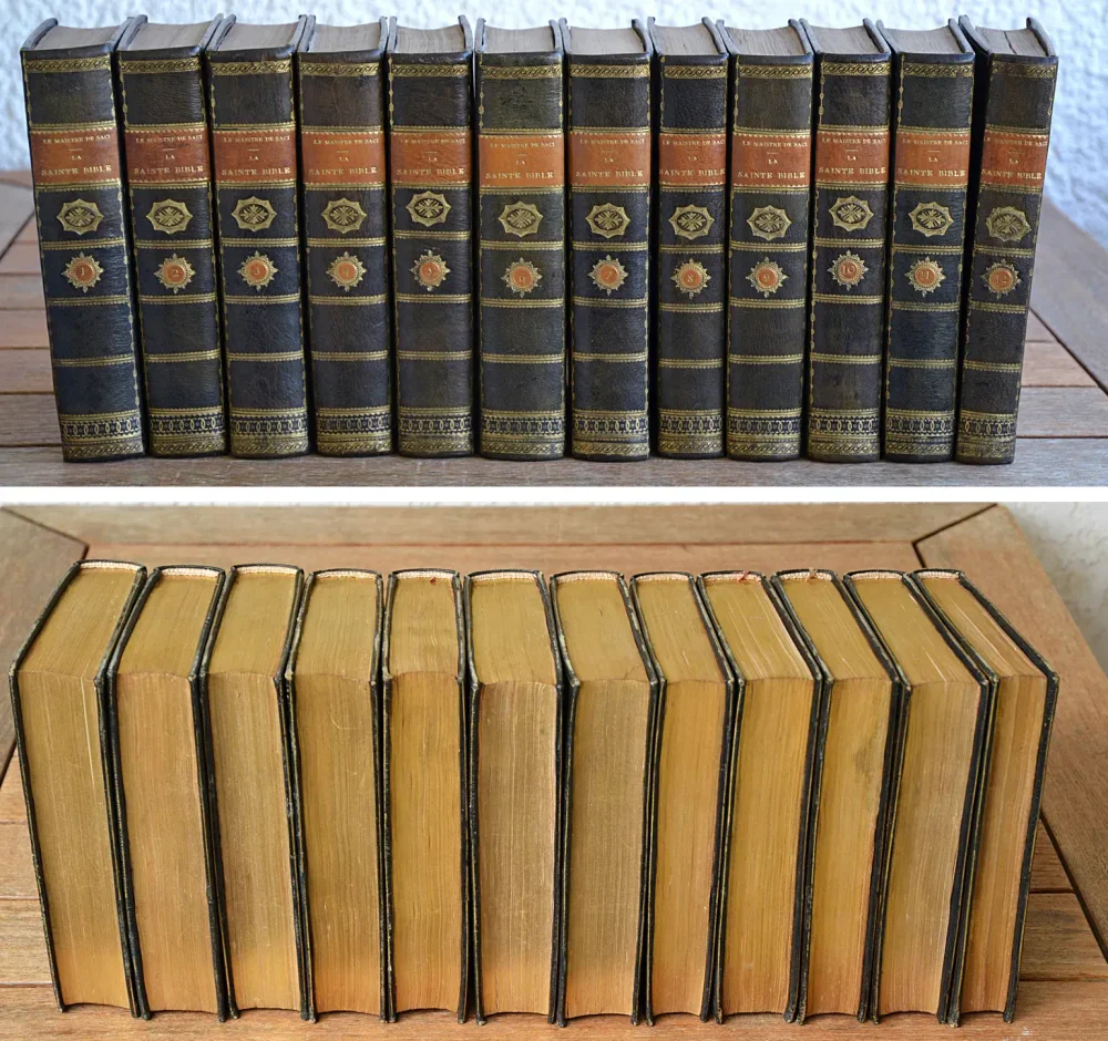 « L’ensemble formera toujours un bel ouvrage, le premier livre à la tête du catalogue d’une collection de livres à figures du XVIIIe siècle » (R. Portalis, Les Dessinateurs d’illustrations au dix-huitième siècle, Paris, 1877, p. 373).
La Sainte Bible, contenant l’Ancien et le Nouveau Testament, traduite en François sur la Vulgate, par M. Le Maistre de Saci.
Nouvelle édition, ornée de 300 figures, gravées d’après les dessins de M. Marillier. - photo