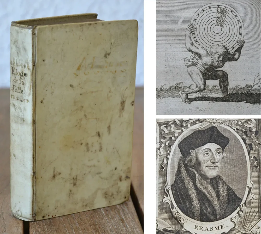 L’éloge de la folie, composé en forme de déclamation par Erasme de Rotterdam.
Avec quelques notes de Listrius, & les belles figures de Holbenius : le tout sur l’original de l’Académie de Bâle.
Pièce qui représente au naturel l’Homme tout défiguré par la sotise, lui apprend agréablement à rentrer dans le bon sens & dans le raison.
Traduit nouvellement en François par Mr. Gueudeville. - photo