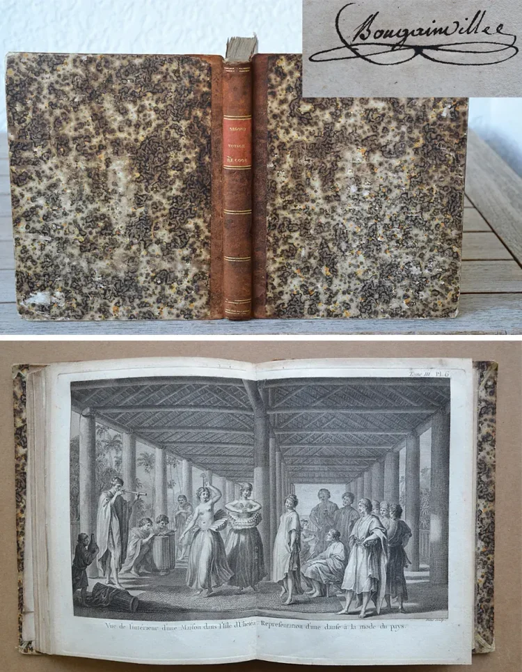 Cartes et figures des voyages entrepris par ordre de Sa Majesté Britannique, actuellement régnante ; pour faire des découvertes dans l’hémisphère méridional, et successivement exécutés par le Commodore Byron, le capitaine Carteret, le capitaine Wallis & le capitaine Cook, dans les vaisseaux le Dauphin, le Swallow & l’Endeavour.
Rédigés d’après les journaux tenus par les différens commandans & les papiers de M. Banks, par J. Hawkesworth, Docteur en Droit. - photo