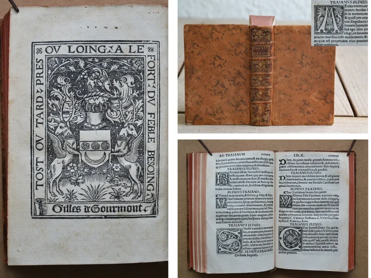 C. Plinii Secundi Novocomensis. Epistolarum libri decemquibus multæ habentur epistolæ non ante impressæ. Tum græca correcta, & suis locis restituta, atque rejectis adulterinis, vera reposita. Item fragmentatæ epistolæ, integræ factæ. In medio etiam epistole libri octavi De Clitumno fonte non solum vertici calx additus, et calci vertex, sed decem quoque epistolæ interpositæ, ac ex nono libro octavus factus, et ex octavo nonus, idque beneficio exemplaris correctissimi, & miræ, ac potius venerandæ vetustatis.
Ejusdem Panegyricus Trajano imp. dictus.
Ejusdem De viris illustribus in re militari, et in administranda republica.
Suetonii Tranquilli De claris, grammaticis et rhetoribus.
Julii Obsequentis Prodigiorum liber. Epistolæ decimi libri ad Trajanum probantur esse Plinii in sequenti epistola. Inibi etiam liber de viris illustribus, non Tranquilli, sed Plinii esse onditur.
Omnoa haec per fidelissimum aldinum exemplar imressa greca preterea omnia collecta & ad verbum traducta sunt. - photo