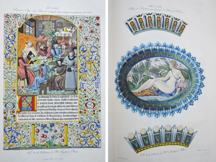 Monuments français inédits pour servir à l’histoire des arts depuis le VI° siècle jusqu’au commencement du XVII°.
Choix de costumes civils et militaires, d’armes, armures, instruments de musique, meubles de toute espèce, et de décorations intérieures et extérieures des maisons, dessinés, gravés et coloriés d’après les originaux.
Classés chronologiquement et accompagnés d’un texte historique par André Pottier. - photo