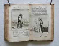 L’éloge de la folie, composé en forme de déclamation par Erasme de Rotterdam.
Avec quelques notes de Listrius, & les belles figures de Holbenius : le tout sur l’original de l’Académie de Bâle.
Pièce qui représente au naturel l’Homme tout défiguré par la sotise, lui apprend agréablement à rentrer dans le bon sens & dans le raison.
Traduit nouvellement en François par Mr. Gueudeville. - photo