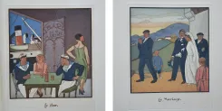 Le mariage basque.
Illustré de huit eaux-fortes en couleurs gravées en deux planches par André Lambert, d’après les aquarelles de Ramiro Arrue.
Ornements typographiques dessinés par R. Arrue, gravés sur bois par A. Lambert. - photo