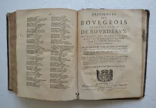 1] Chronique Bordeloise, corrigée & augmentée depuis l’année 1671 jusqu’au passage du Roy d’Espagne & de Nosseigneurs les Princes, les frères, en cette ville l’année 1701.
2] Supplément des Chroniques de la noble ville & cité de Bourdeaux.
3] Continuation à la Chronique Bourdeloise.
4] Privilèges des bourgeois de la ville et cité de Bourdeaux (…). - photo