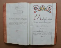 Livre d’arithmétique contenant les règles utiles pour le commerce et autres avec leurs explications.
Appartenant à Jean-Antoine Bêch fils de Joseph de ce lieu d’Entrecasteau.
Fini le vingt-six du mois de septembre de l’année mil sept cent quatre-vingt-cinq.
Fait de la main gauche de M. Louis André Simon démonstrateur de l’Arithmétique. 1785. - photo