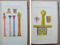 Monuments français inédits pour servir à l’histoire des arts depuis le VI° siècle jusqu’au commencement du XVII°.
Choix de costumes civils et militaires, d’armes, armures, instruments de musique, meubles de toute espèce, et de décorations intérieures et extérieures des maisons, dessinés, gravés et coloriés d’après les originaux.
Classés chronologiquement et accompagnés d’un texte historique par André Pottier. - photo